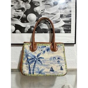 VTG Handmade KATHA DIDDEL Tote Purse Croquet & Leather Top Bandle Bag